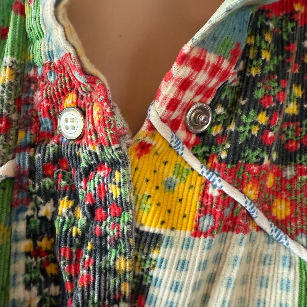 VINTAGE 60s 70s Colorful Patchwork Corduroy Snap Front Housecoat Robe M L hippie - Picture 11 of 14